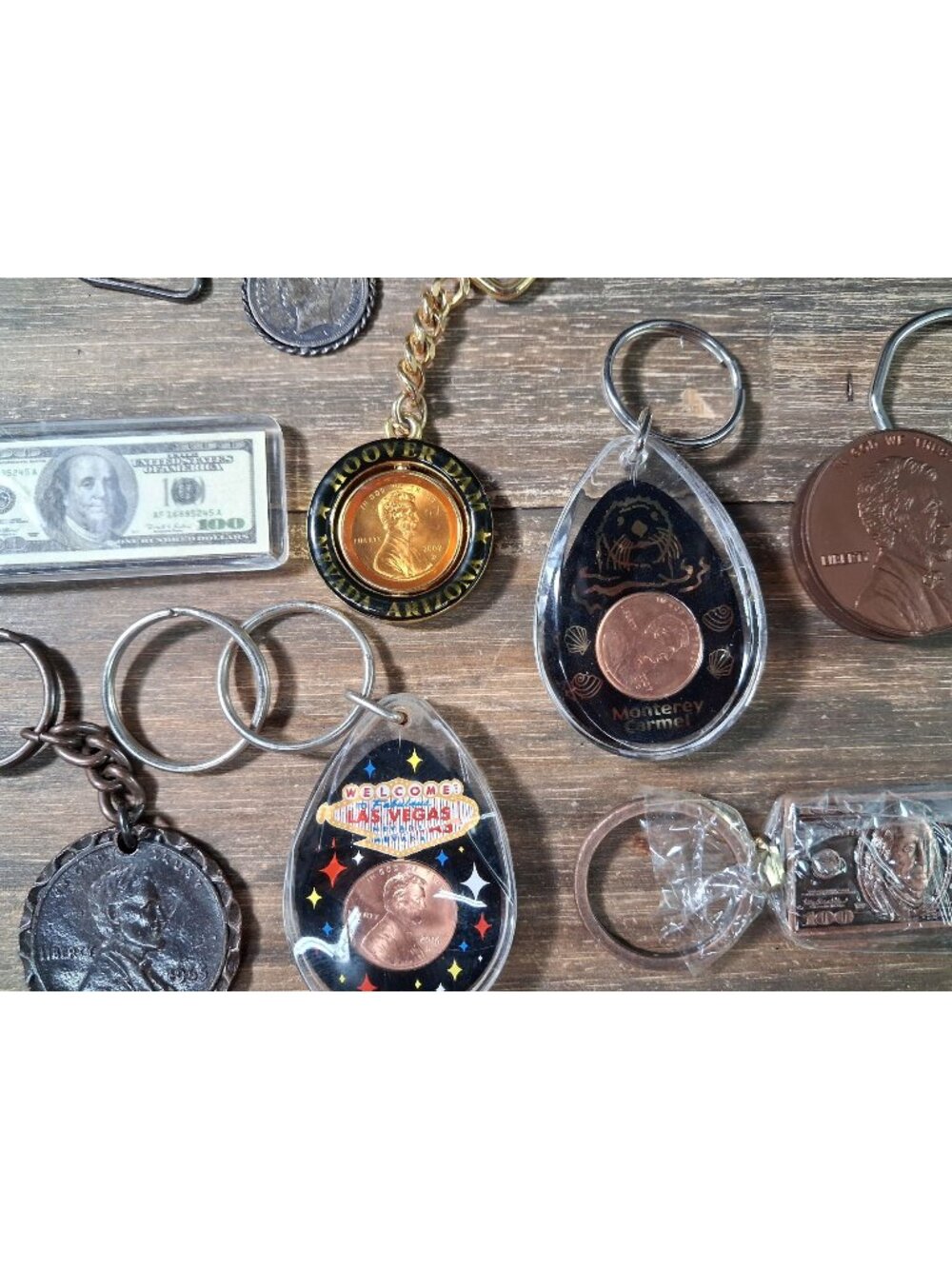 Currency Keychain Lot Lucky Penny Hundred Dollar Other Coin Bag Tag Charm